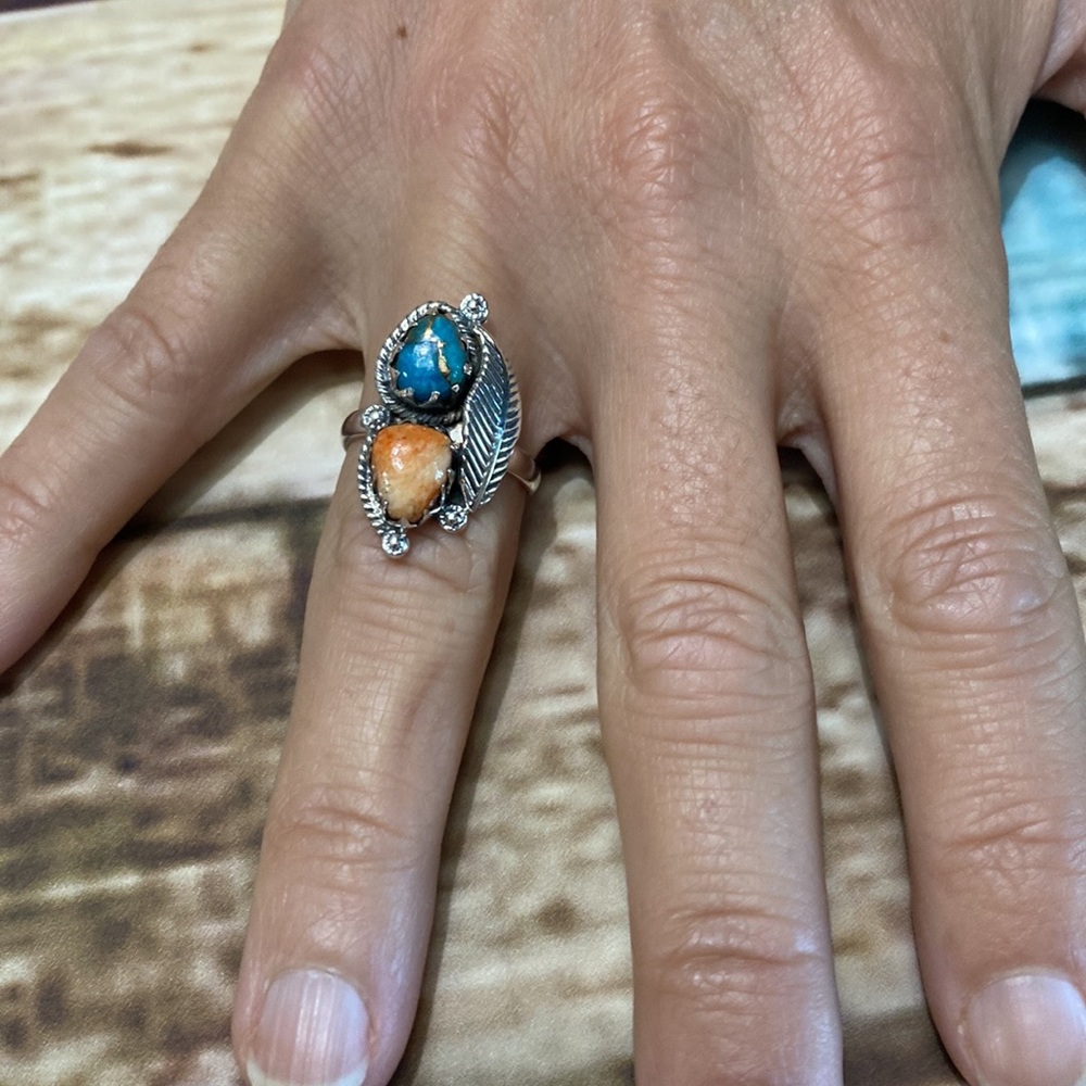 🎉sale🎉Native American coral and turquoise silver ring. - Picture 2 of 7